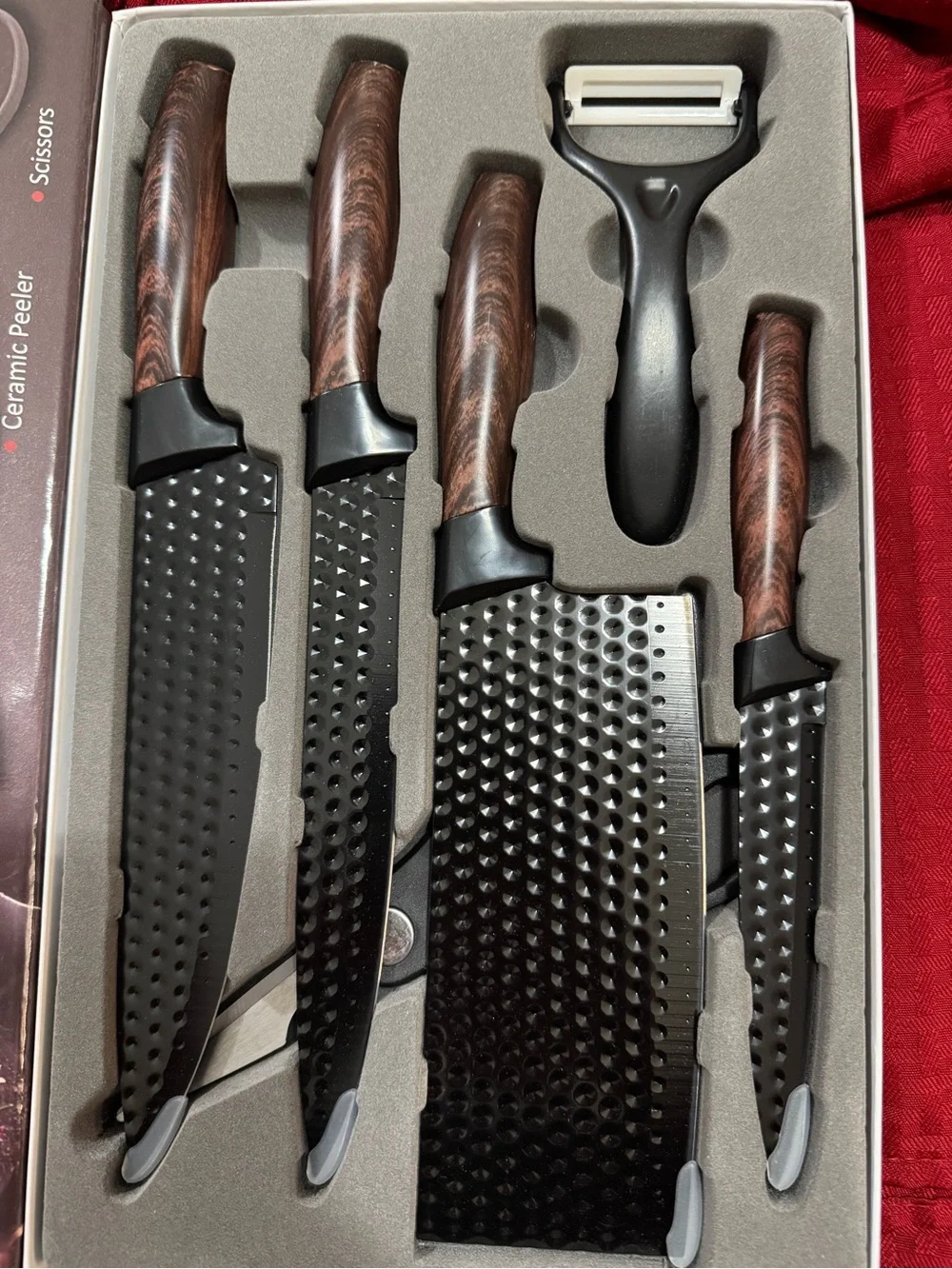 Hessem Black Hammered Blade Knife Set with Wood-Grain Handles